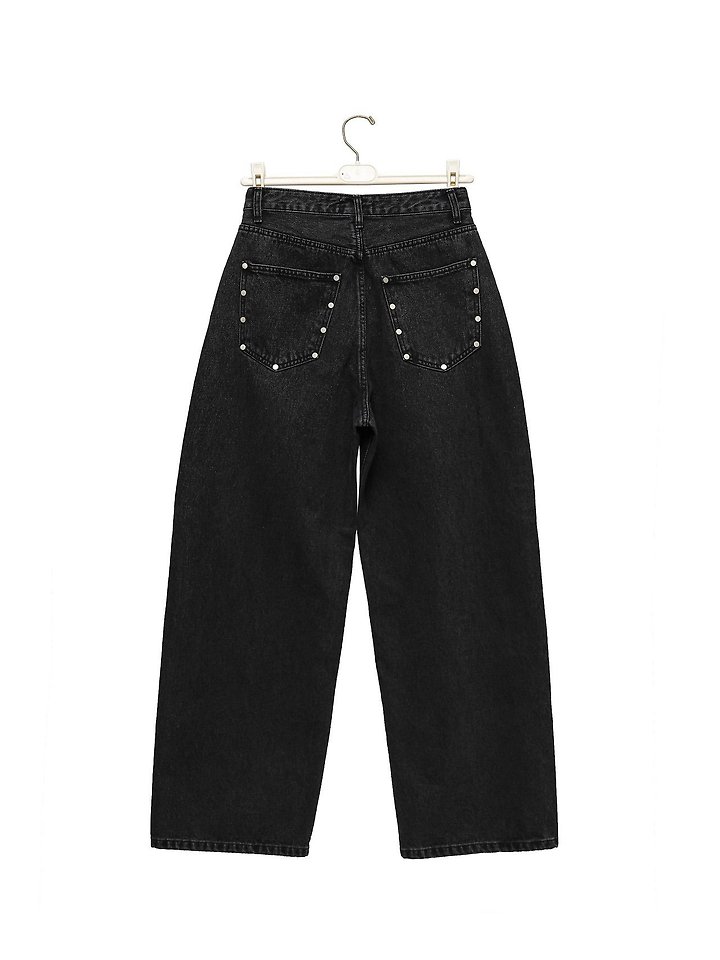 Paper Moon - Korean Women Fashion - #thatsdarling - Stud Detail Washed Black Wide Denim Pants - 8