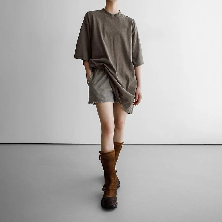 Paper Moon - Korean Women Fashion - #thatsdarling - Mock Neck Ribbed Oversized Pigment Tee with Distressed Detail - 6