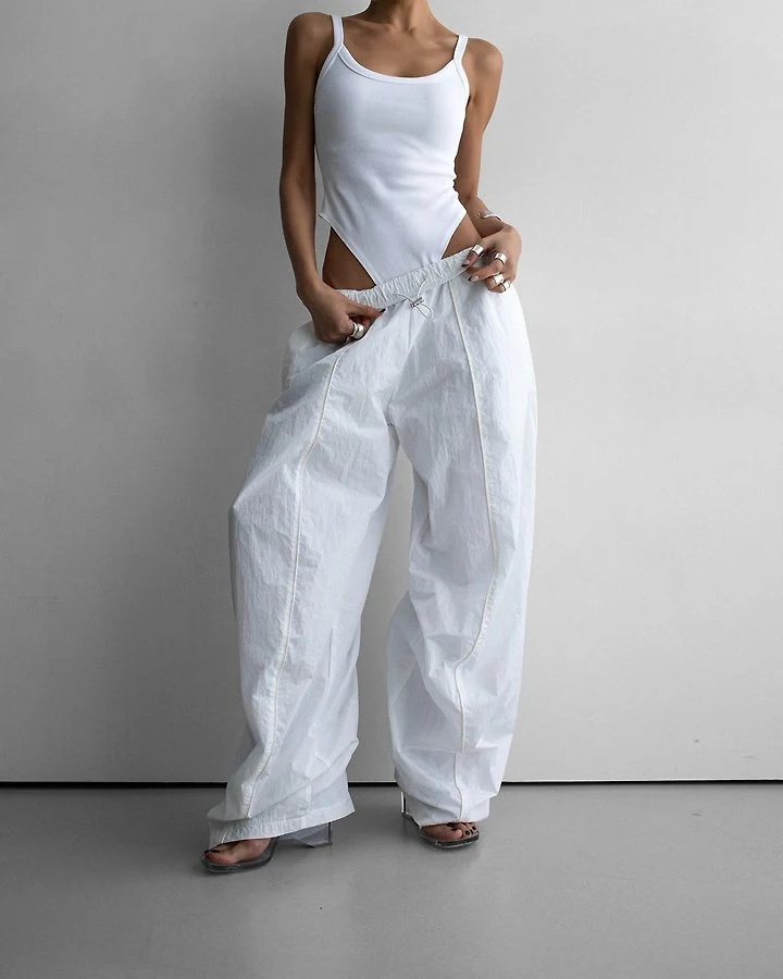 Paper Moon - Korean Women Fashion - #thatsdarling - Nylon Drawstring Wide-Leg Twist Pattern Trousers - 5