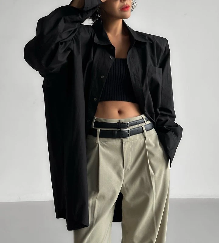Paper Moon - Korean Women Fashion - #thelittlethings - Maxi Oversized Padded-Shoulder Cotton Button-Down Shirt