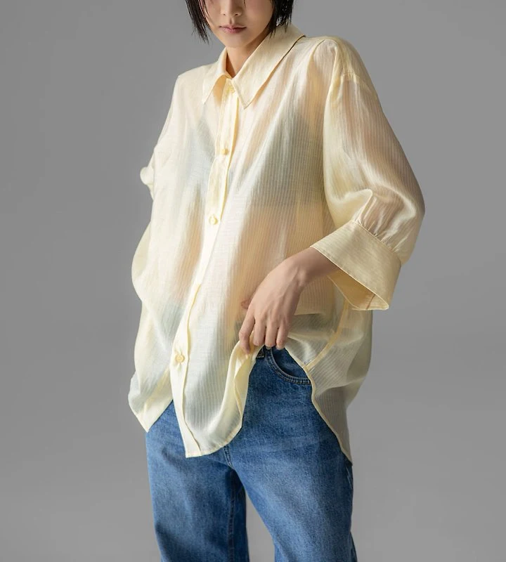 Paper Moon - Korean Women Fashion - #thelittlethings - Soft Sheer Stripe Half-Sleeve Shirt - 7