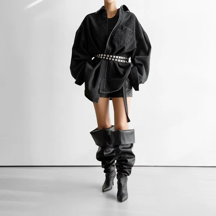 Paper Moon - Korean Women Fashion - #thelittlethings - Maxi Oversized Washed Denim Button-Down Shirt - 5