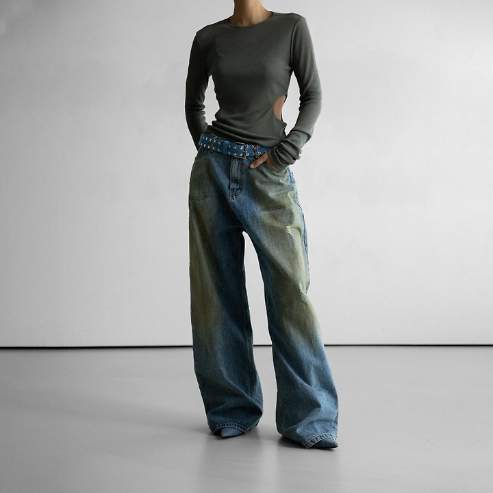 Paper Moon - Korean Women Fashion - #thelittlethings - Dusty Mud Wash Wide Denim Trousers - 2