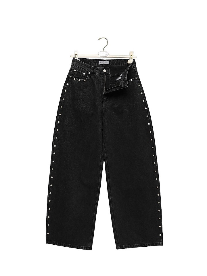 Paper Moon - Korean Women Fashion - #thelittlethings - Stud Detail Washed Black Wide Denim Pants - 9