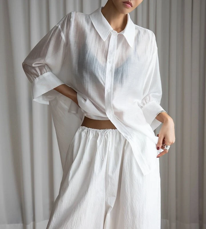 Paper Moon - Korean Women Fashion - #vintageinspired - Soft Sheer Stripe Half-Sleeve Shirt - 5