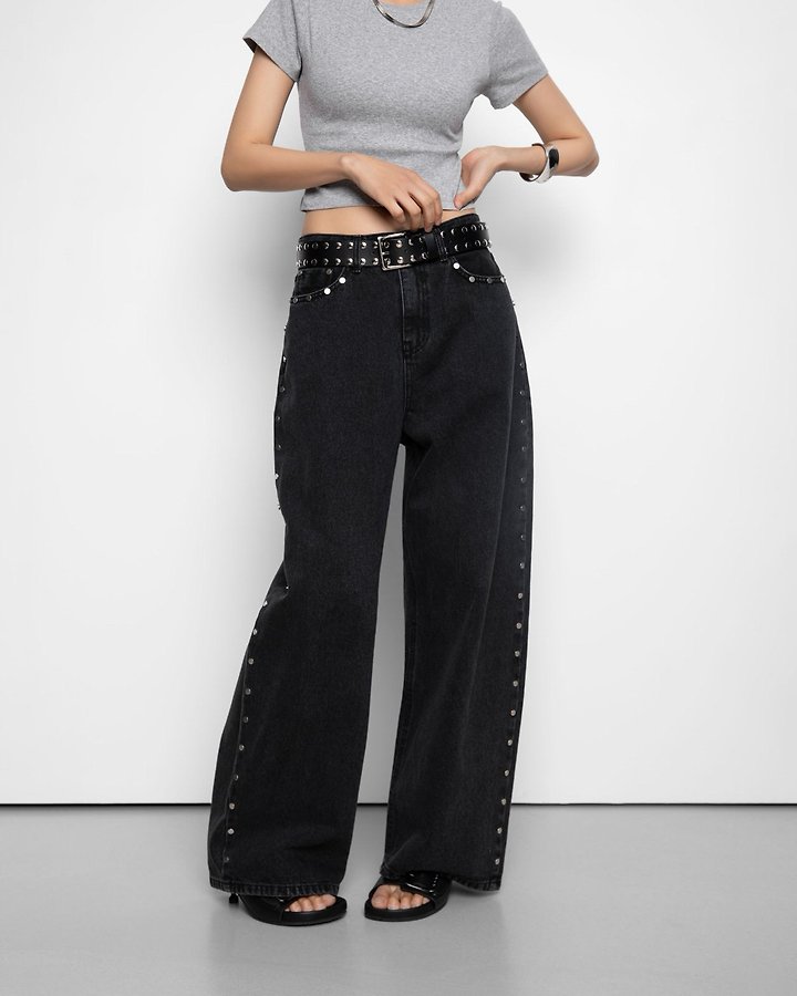 Paper Moon - Korean Women Fashion - #vintageinspired - Stud Detail Washed Black Wide Denim Pants - 2