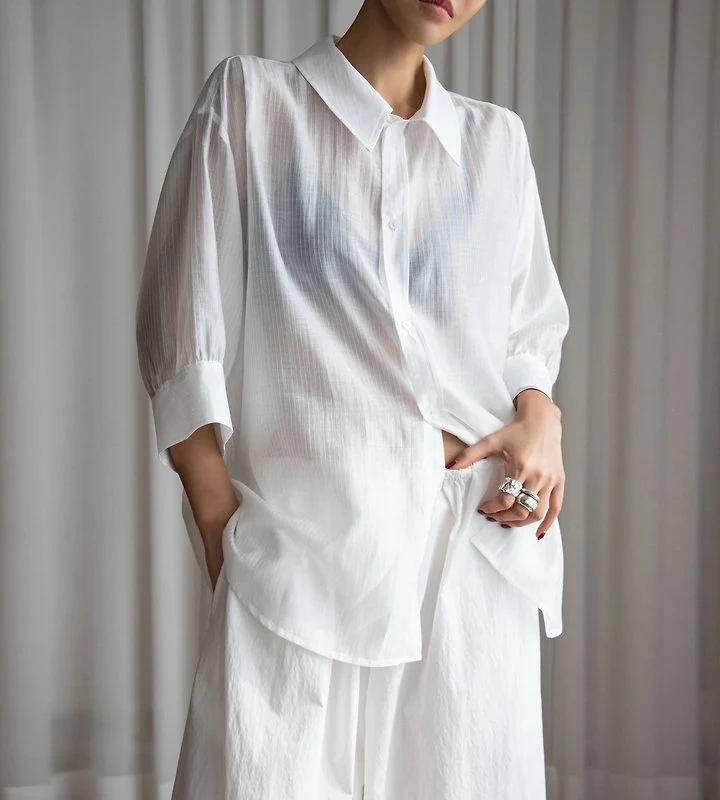 Paper Moon - Korean Women Fashion - #vintagekidsstyle - Soft Sheer Stripe Half-Sleeve Shirt - 6