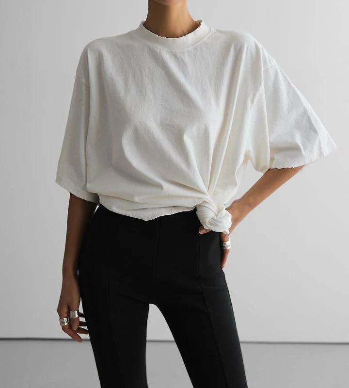 Paper Moon - Korean Women Fashion - #vintagekidsstyle - Mock Neck Ribbed Oversized Pigment Tee with Distressed Detail