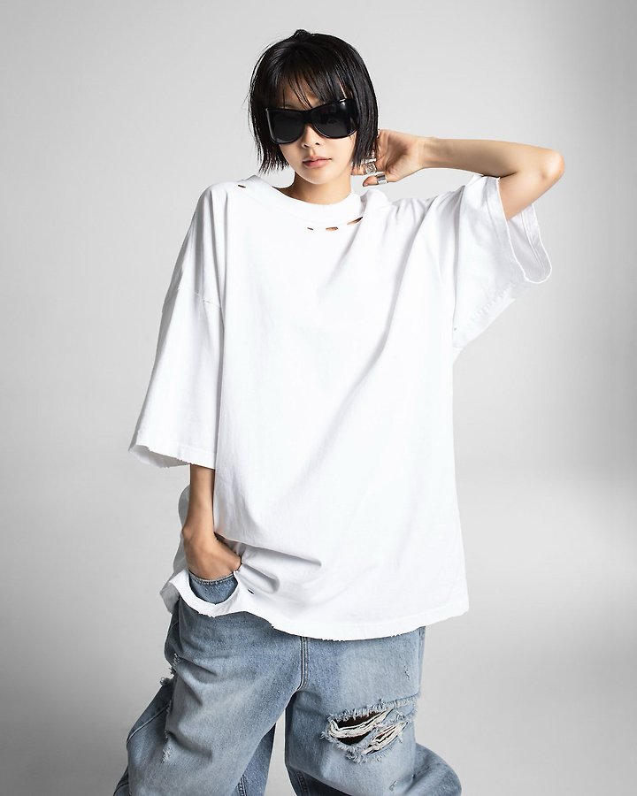 Paper Moon - Korean Women Fashion - #womensfashion - Oversized Pigment-Washed Cut Detail Tee - 2