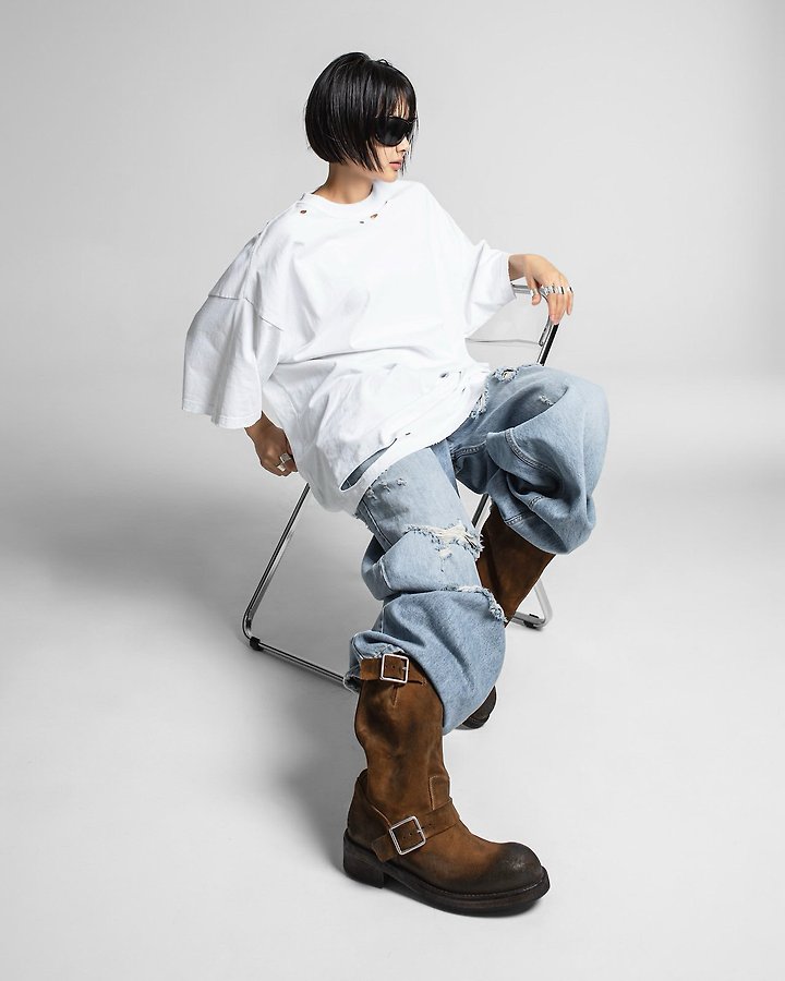 Paper Moon - Korean Women Fashion - #momslook - Oversized Pigment-Washed Cut Detail Tee - 4