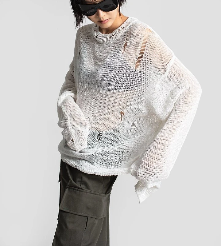 Paper Moon - Korean Women Fashion - #womensfashion - Distressed Sheer Linen Knit Top