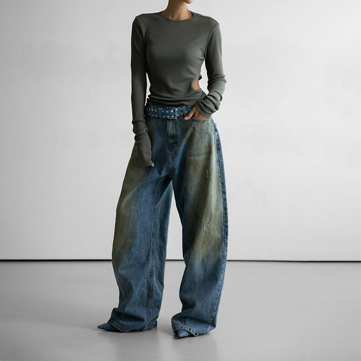 Paper Moon - Korean Women Fashion - #momslook - Dusty Mud Wash Wide Denim Trousers - 4