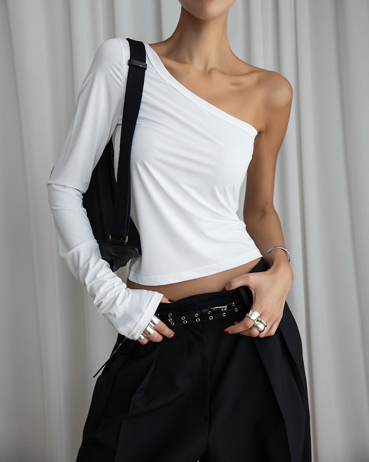 Paper Moon - Korean Women Fashion - #womensfashion - One-Shoulder Diagonal Line Long-Sleeve Top