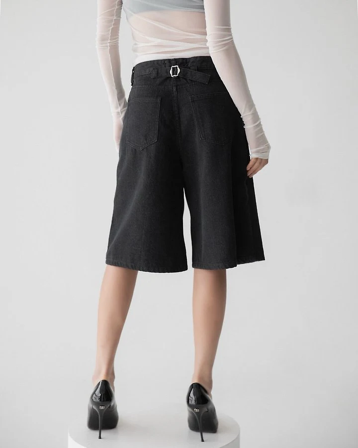Paper Moon - Korean Women Fashion - #womensfashion - Classic Wide Bermuda Washed Black Denim Trousers - 3