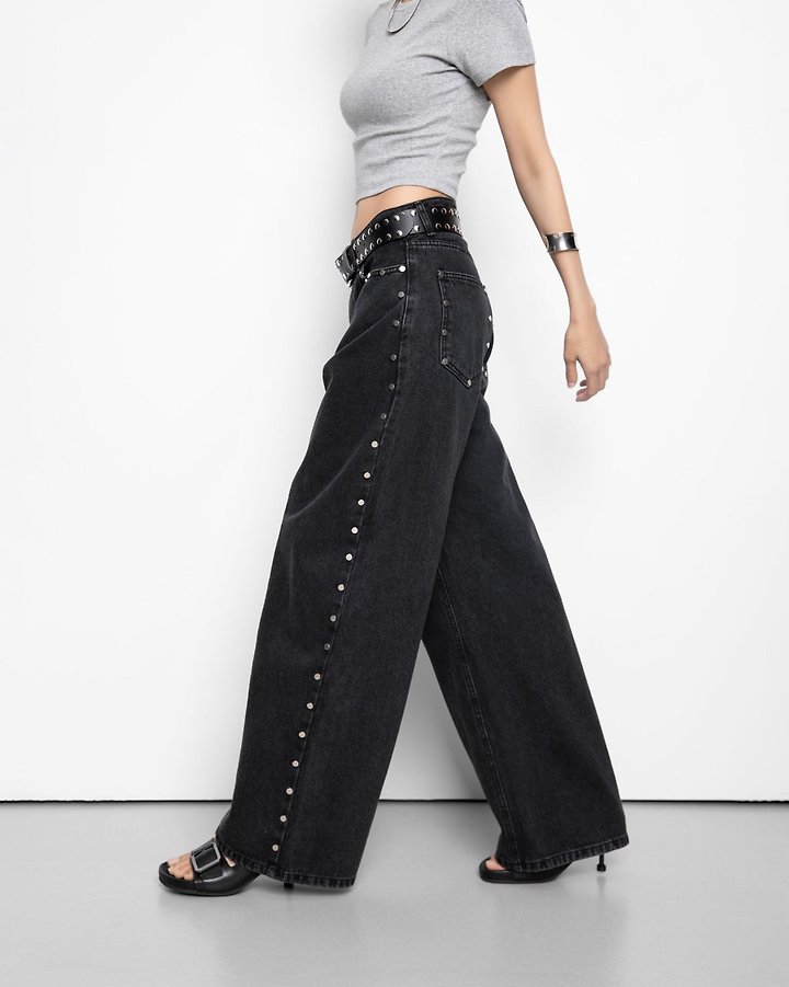 Paper Moon - Korean Women Fashion - #womensfashion - Stud Detail Washed Black Wide Denim Pants