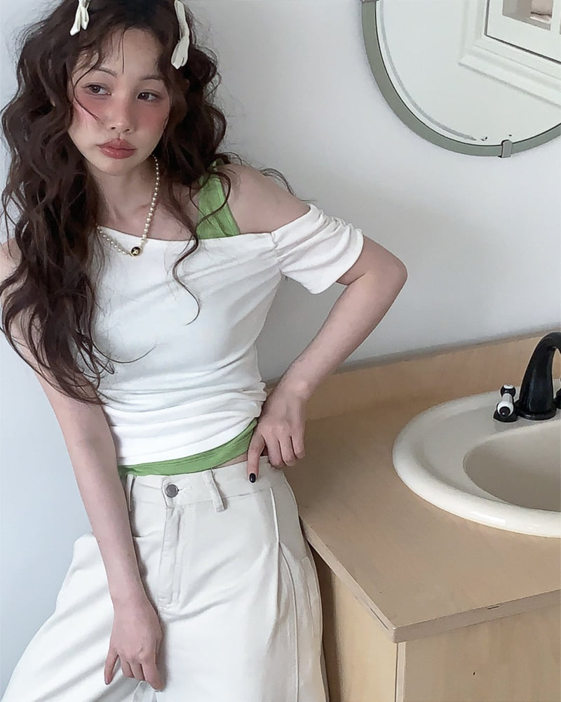 Person - Korean Women Fashion - #momslook - Diagonal Off-Shoulder Tee - 8