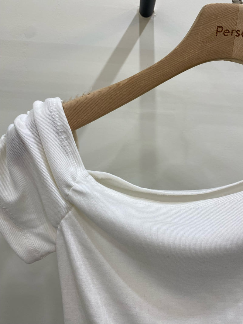 Person - Korean Women Fashion - #pursuepretty - Diagonal Off-Shoulder Tee - 2