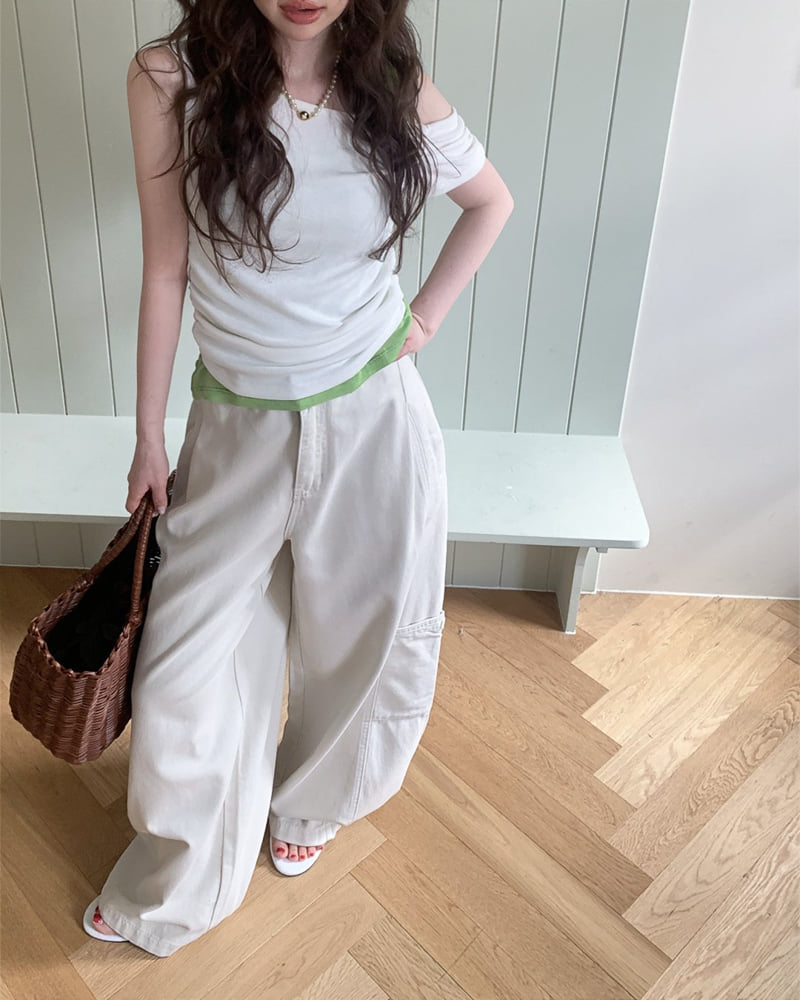 Person - Korean Women Fashion - #restrostyle - Diagonal Off-Shoulder Tee - 3