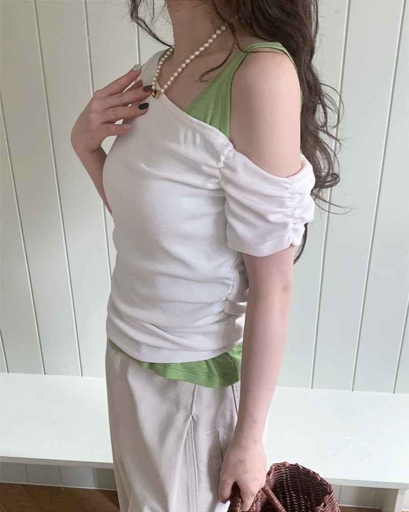 Person - Korean Women Fashion - #shopsmall - Diagonal Off-Shoulder Tee - 5