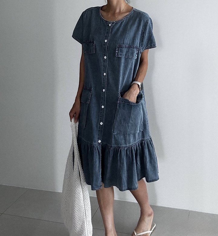 Ripple - Korean Women Fashion - #momslook - Ruffled Tencel Denim Dress