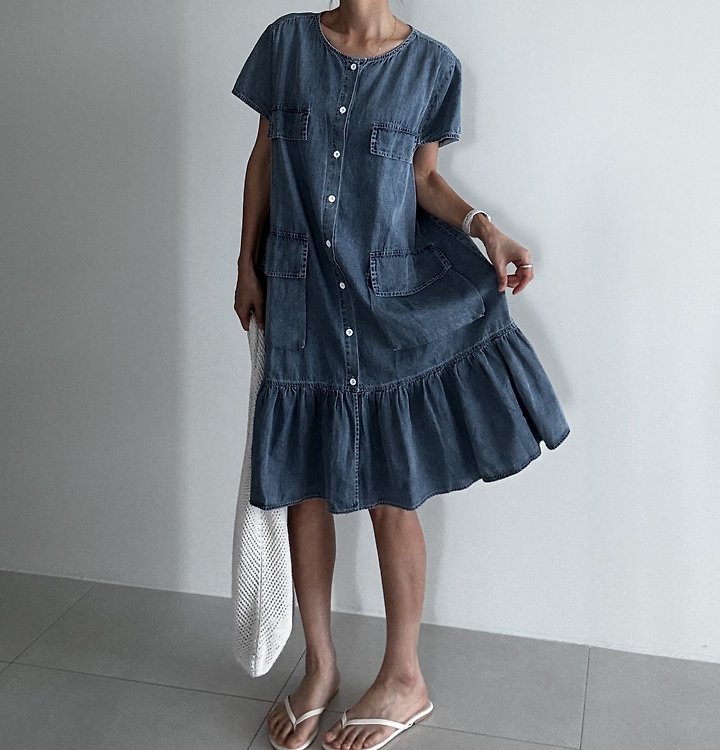 Ripple - Korean Women Fashion - #momslook - Ruffled Tencel Denim Dress - 3