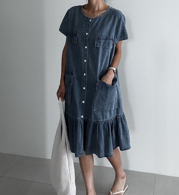 Ripple - Korean Women Fashion - #momslook - Ruffled Tencel Denim Dress - 5