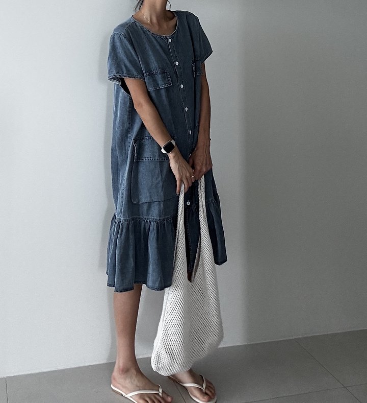 Ripple - Korean Women Fashion - #momslook - Ruffled Tencel Denim Dress - 4