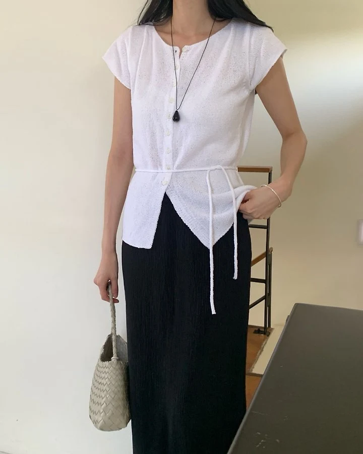 Something Else - Korean Women Fashion - #momslook - Rave Short-Sleeve Strap Knit Top - 2