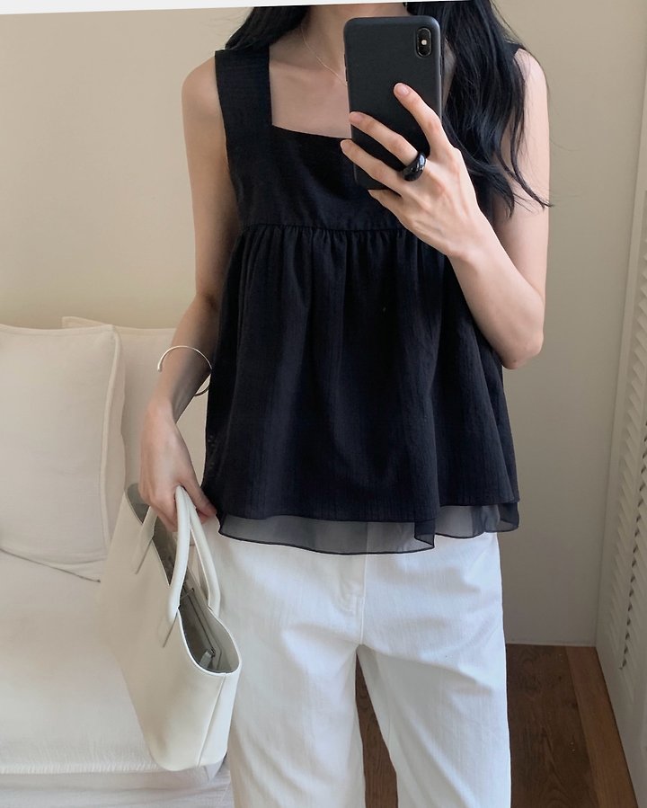 Something Else - Korean Women Fashion - #momslook - Falling Square-Neck Sleeveless Blouse - 2