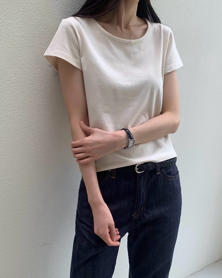 Something Else - Korean Women Fashion - #momslook - Beginning Round-Neck Short-Sleeve Tee - 12