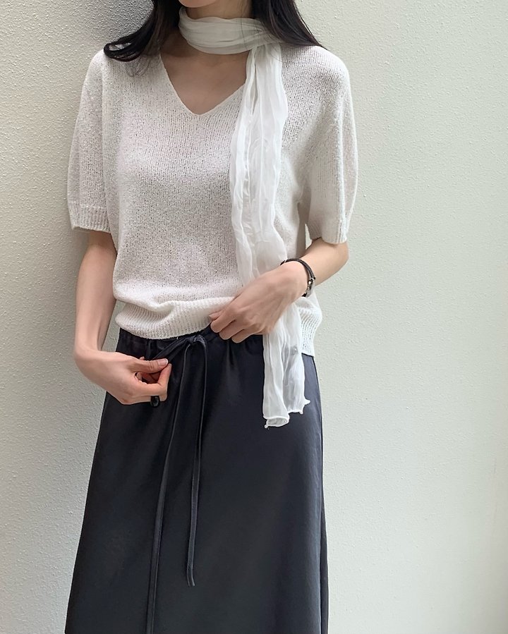 Something Else - Korean Women Fashion - #momslook - Boucle Wholegarment V-Neck Short-Sleeve Knit