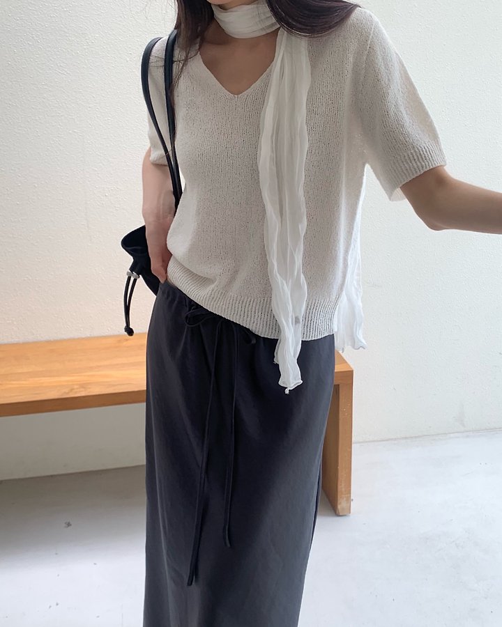 Something Else - Korean Women Fashion - #momslook - Boucle Wholegarment V-Neck Short-Sleeve Knit - 11