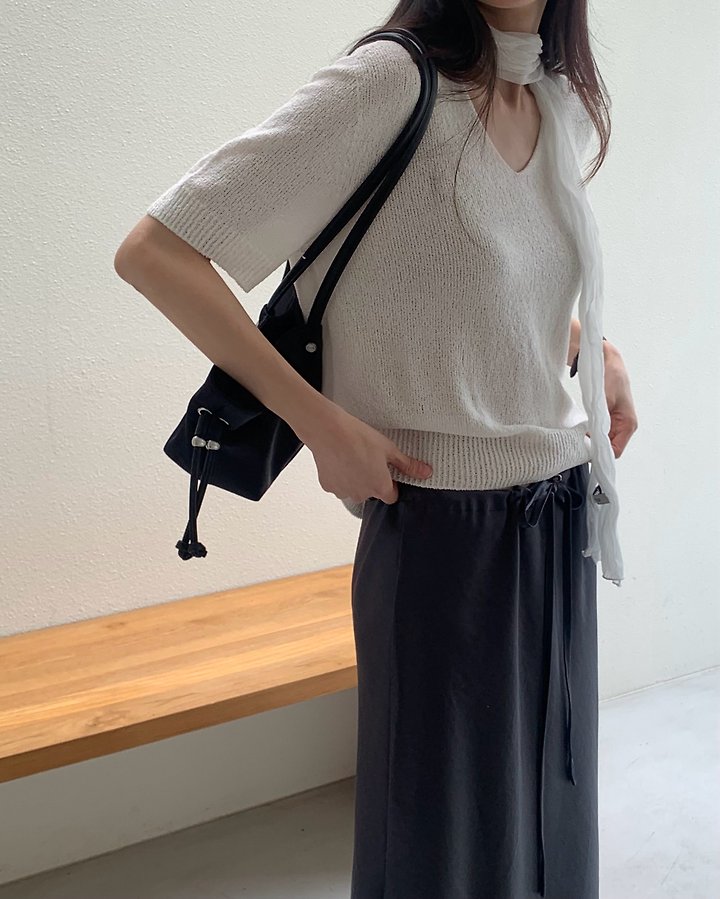Something Else - Korean Women Fashion - #momslook - Boucle Wholegarment V-Neck Short-Sleeve Knit - 7