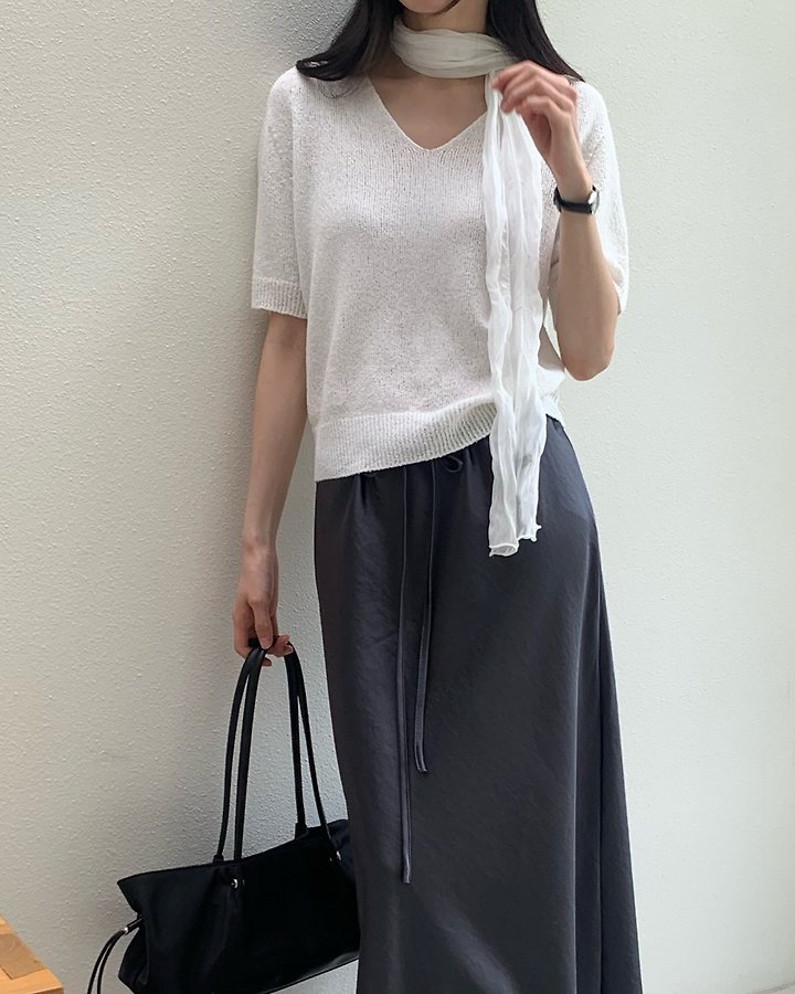 Something Else - Korean Women Fashion - #momslook - Boucle Wholegarment V-Neck Short-Sleeve Knit - 9