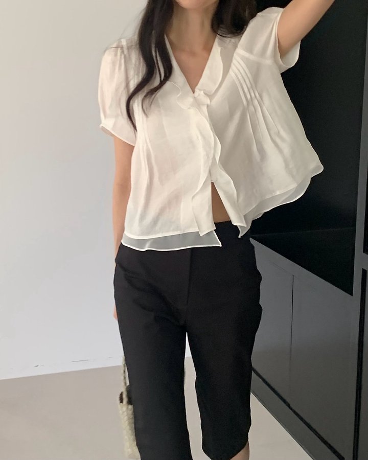 Something Else - Korean Women Fashion - #momslook - Mori Pintuck Frill Blouse - 3
