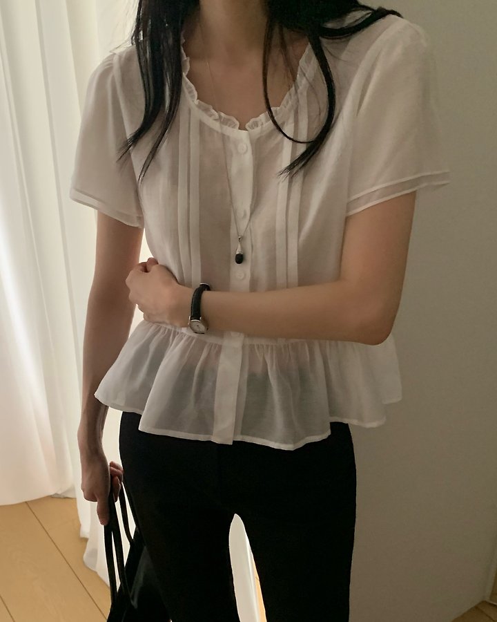 Something Else - Korean Women Fashion - #romanticstyle - Sherbet Frill Pintuck Blouse - 7