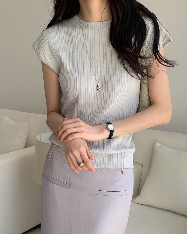 Something Else - Korean Women Fashion - #vintageinspired - Taupe Ribbed Short-Sleeve Knit - 8