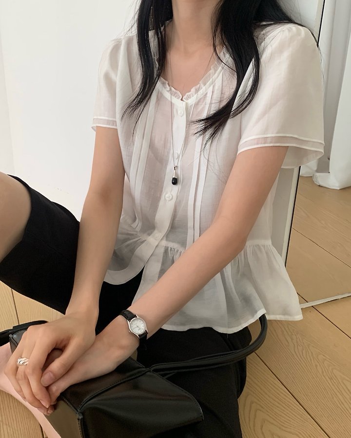 Something Else - Korean Women Fashion - #vintageinspired - Sherbet Frill Pintuck Blouse - 4