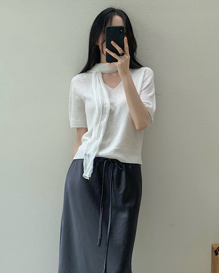 Something Else - Korean Women Fashion - #womensfashion - Boucle Wholegarment V-Neck Short-Sleeve Knit - 10