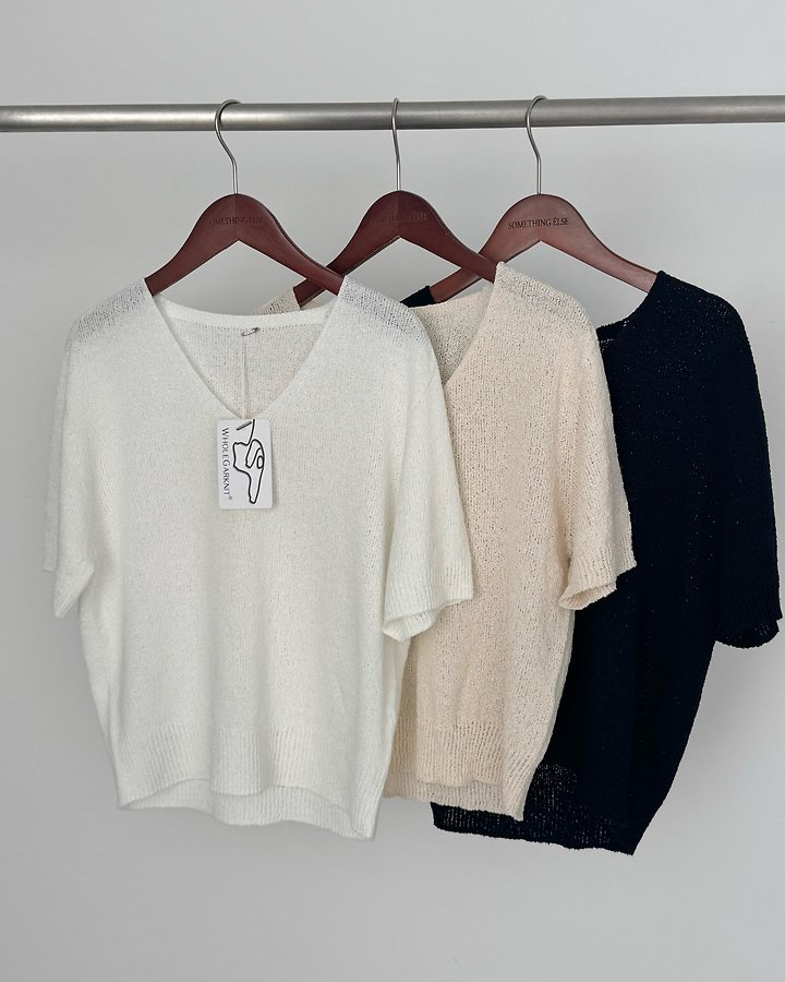Something Else - Korean Women Fashion - #womensfashion - Boucle Wholegarment V-Neck Short-Sleeve Knit - 12