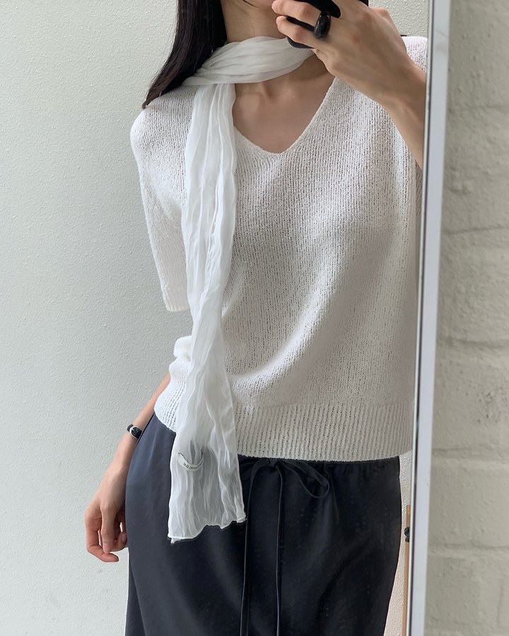 Something Else - Korean Women Fashion - #momslook - Boucle Wholegarment V-Neck Short-Sleeve Knit - 4