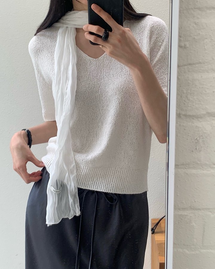 Something Else - Korean Women Fashion - #womensfashion - Boucle Wholegarment V-Neck Short-Sleeve Knit - 8