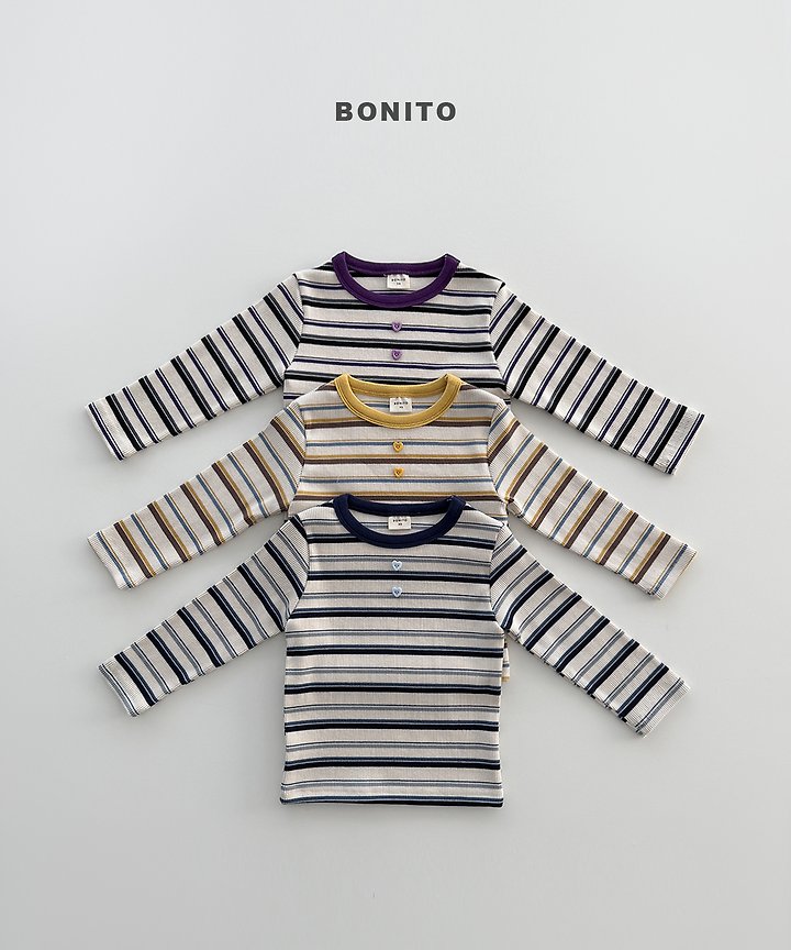 Bonito - Korean Children Fashion - #littlefashionista - Heart Button Stripe Tee