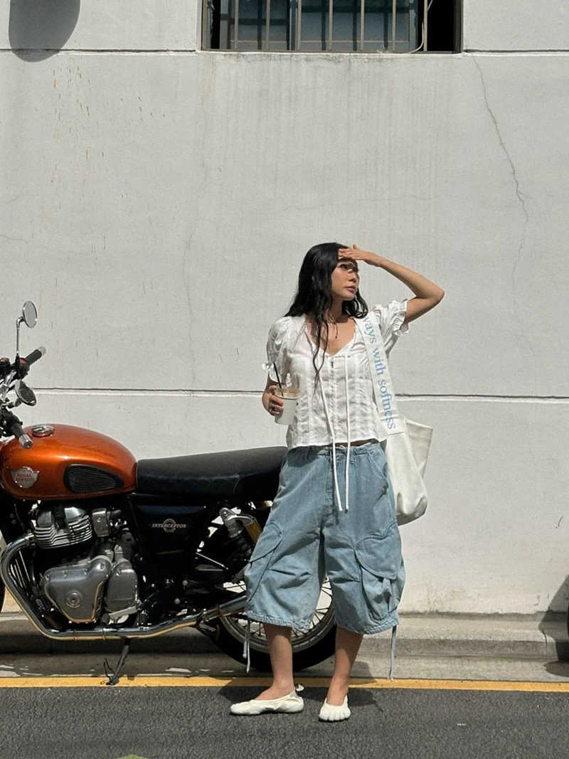 Chav - Korean Women Fashion - #momslook - Denim Heart Cargo Shorts