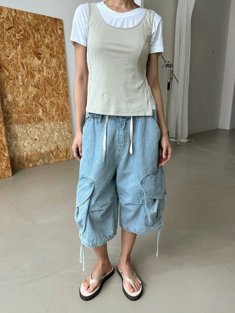 Chav - Korean Women Fashion - #momslook - Denim Heart Cargo Shorts - 5