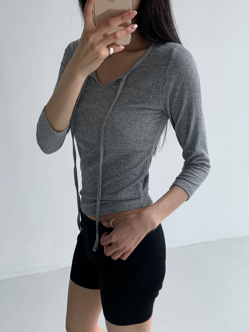 Cover - Korean Women Fashion - #momslook - Ribbed String Sleeve Tee - 2