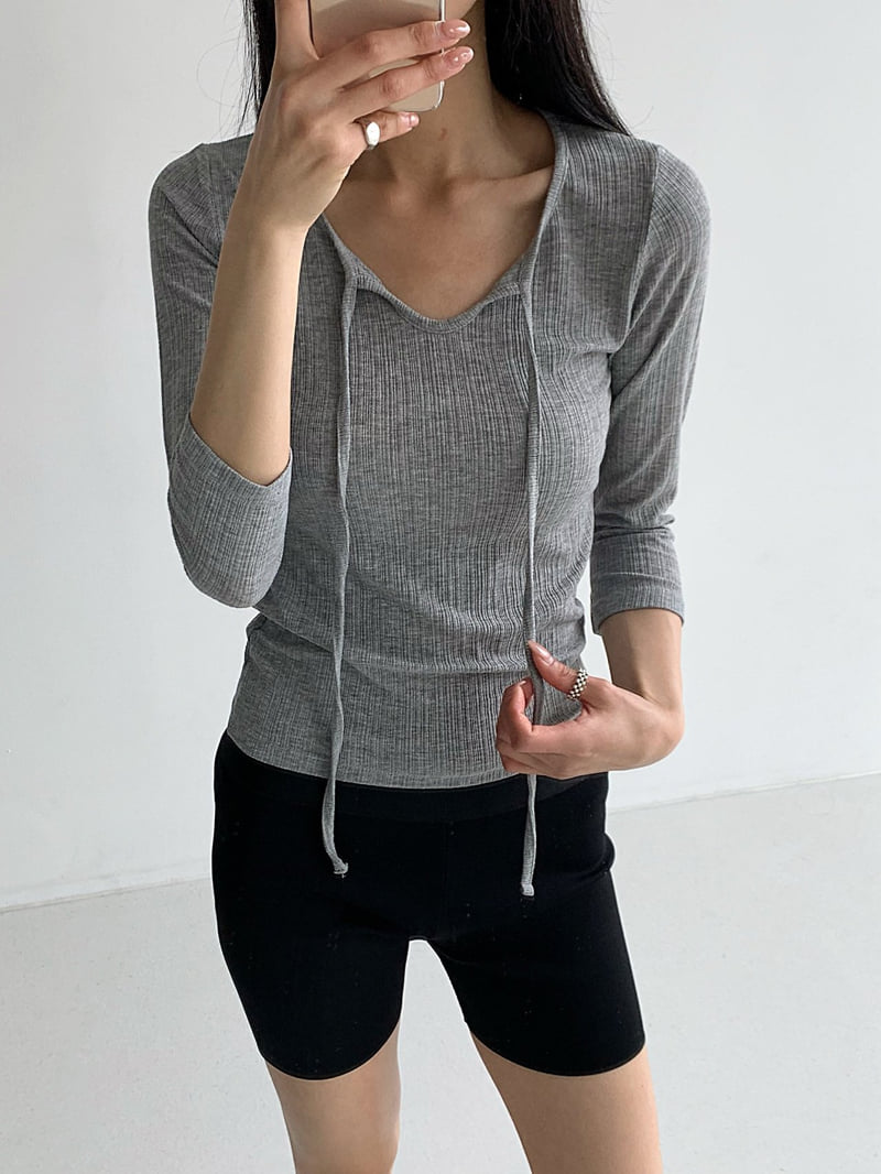 Cover - Korean Women Fashion - #womensfashion - Ribbed String Sleeve Tee - 4