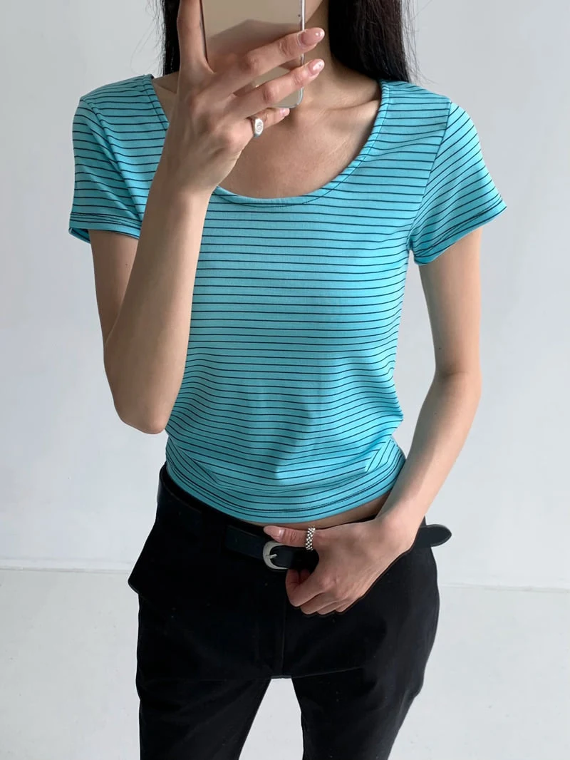 Cover - Korean Women Fashion - #momslook - Water Striped U-Neck Tee - 2
