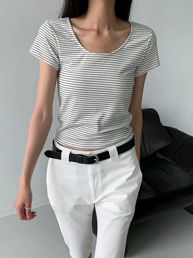 Cover - Korean Women Fashion - #momslook - Water Striped U-Neck Tee - 6