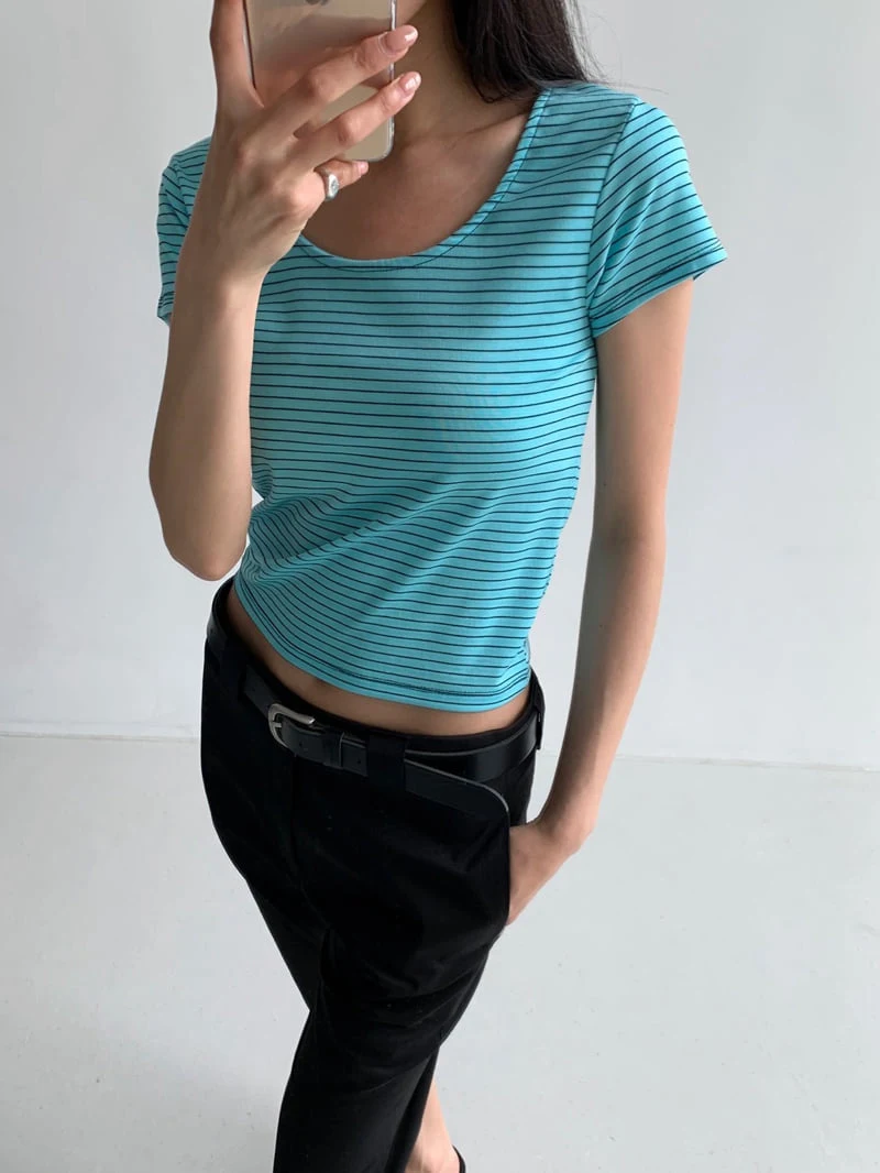 Cover - Korean Women Fashion - #womensfashion - Water Striped U-Neck Tee
